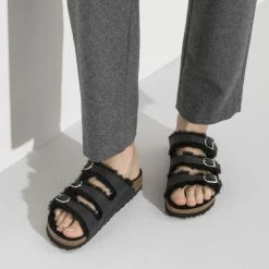Coupon 🔥 Birkenstock Florida Fresh Shearling Oiled Leather Black ✔️ -women-sandals sale 1020319 f closeup f