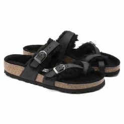 Hot Sale 🌟 Birkenstock Mayari Shearling Oiled Leather Black 🧨 -women-sandals sale 1020350 pair